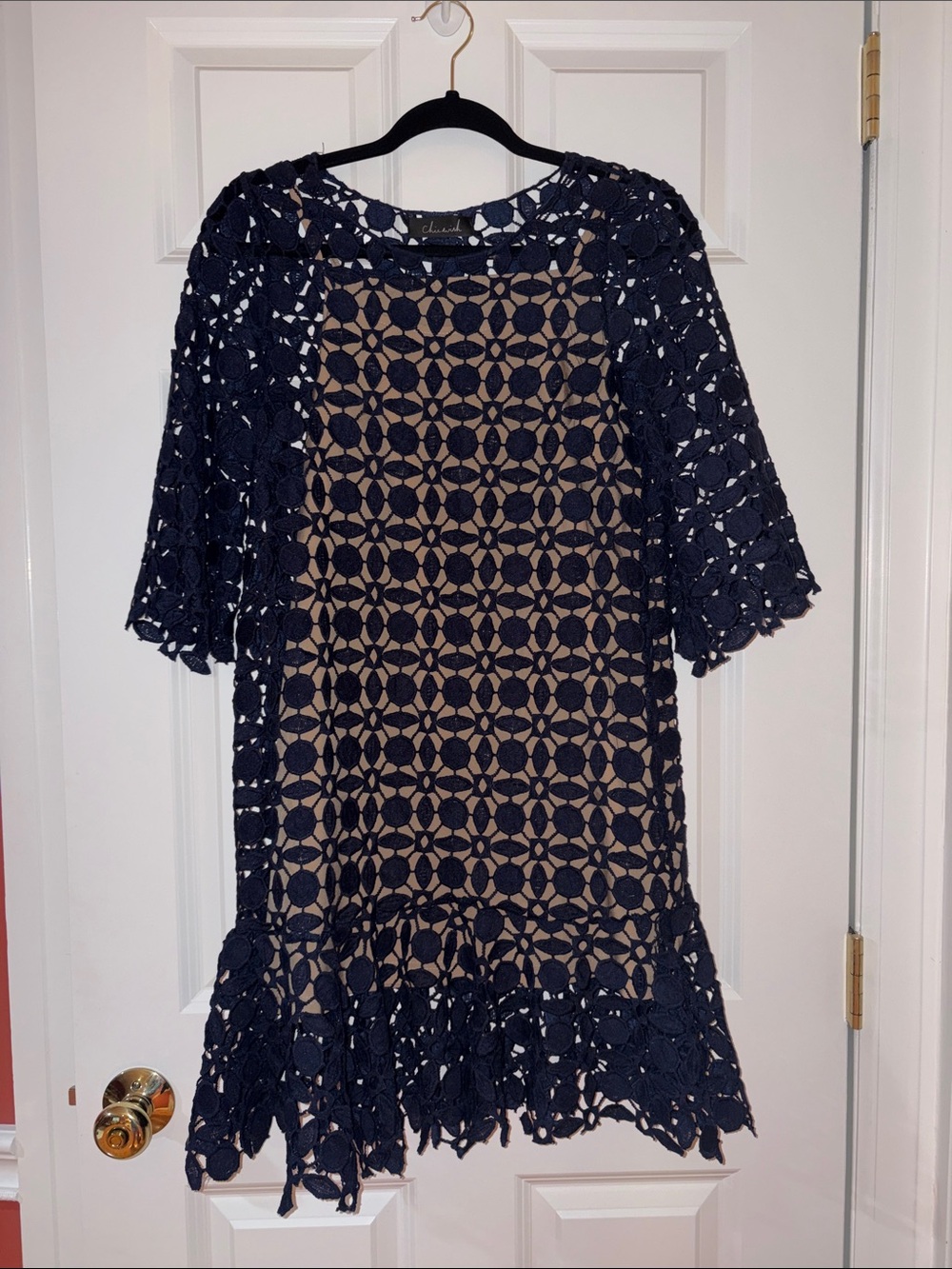 Chicwish Navy Crochet Overlay Mini Dress with Neutral Slip